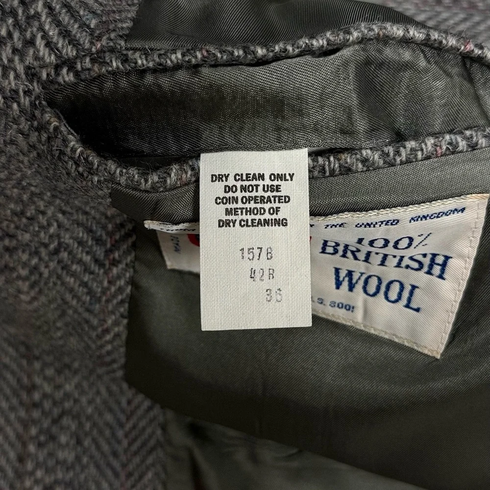 Vtg 70s British Wool Made in USA grey herringbone tweed blazer jacket men's‎ 42R
